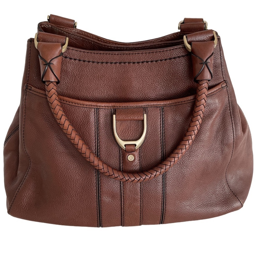 Cole Haan Handbag Purse Satchel Pebbled Brown Leather Equestrian Brass Accent
